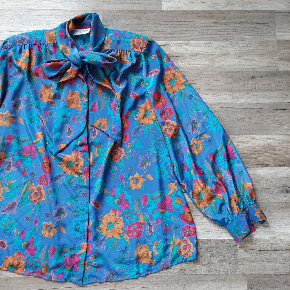Vintage 80s 90s Bow Neck Floral Paisley Flowy Blouse Large XL